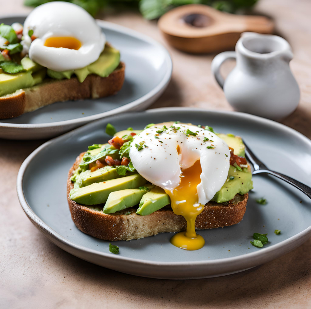 Two plates of avocado toast topped with poached eggs, with yolks oozing out, garnished with fresh herbs, on gray plates. A small white jug and a wooden avocado pit holder are in the background.