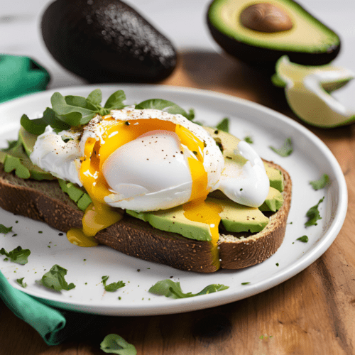 A slice of avocado toast topped with a poached egg, with the yolk oozing out, garnished with fresh herbs on a white plate. Background includes an avocado, a lime wedge, and green napkin on a wooden surface.