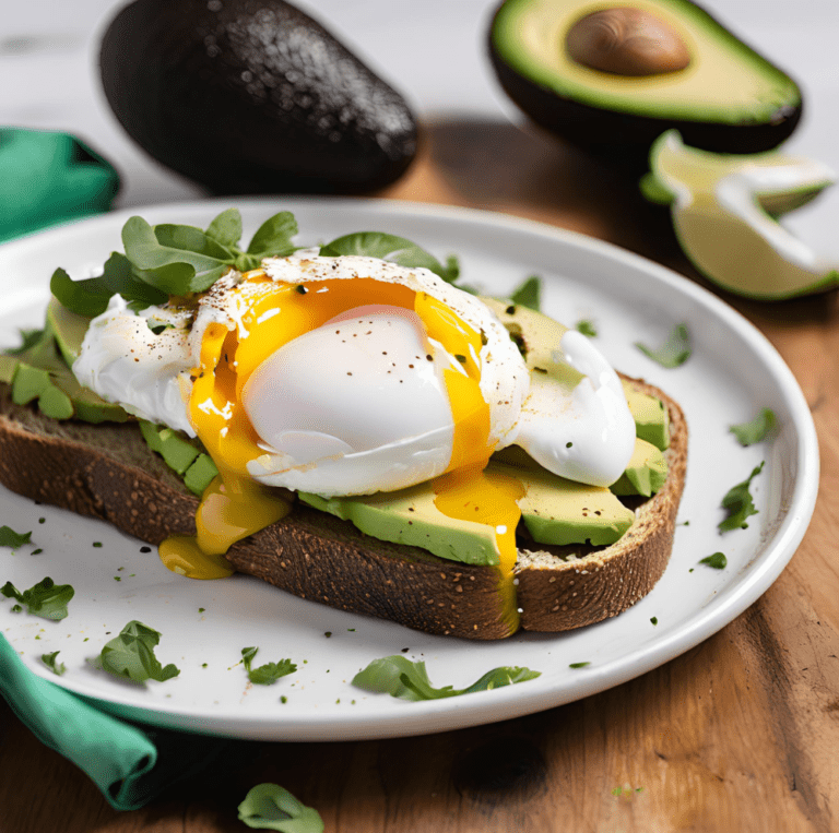 A slice of avocado toast topped with a poached egg, with the yolk oozing out, garnished with fresh herbs on a white plate. Background includes an avocado, a lime wedge, and green napkin on a wooden surface.