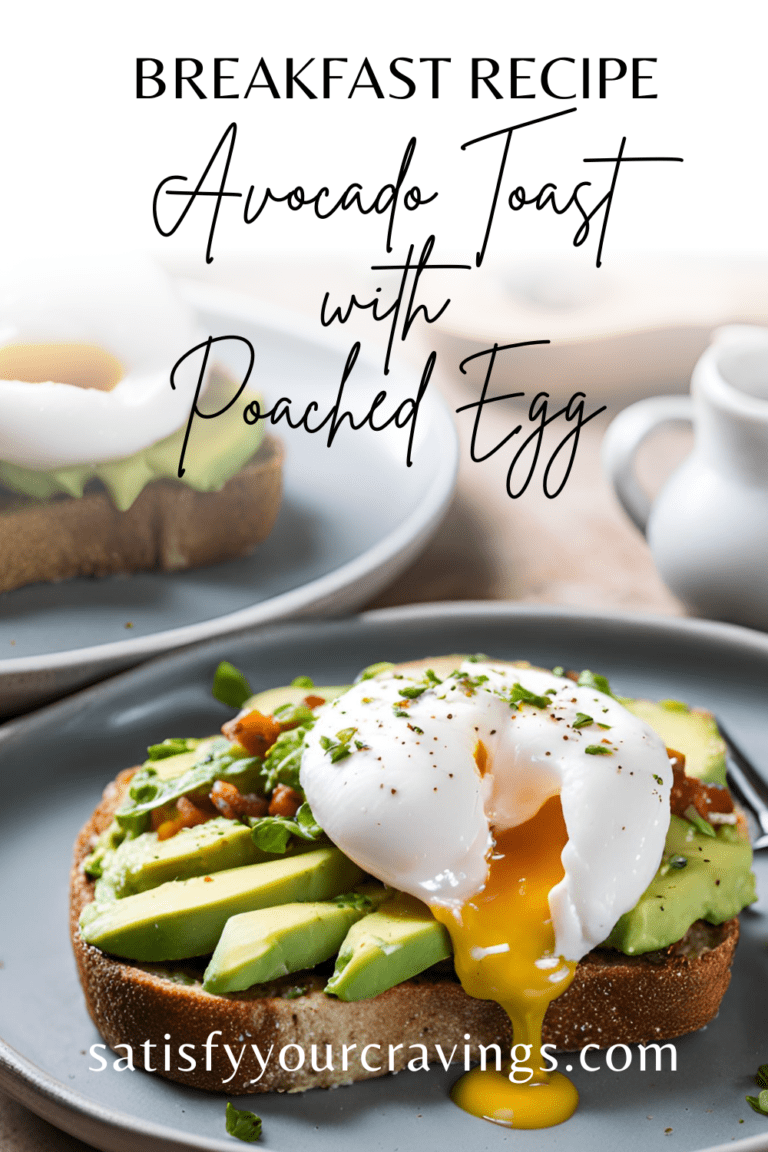 A close-up image of a slice of avocado toast topped with a perfectly poached egg, garnished with fresh herbs, on a grey plate. In the background, another slice of avocado toast with a poached egg is partially visible.