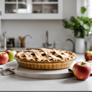 Freshly baked apple pie on kitchen counter with lattice crust surrounded by raw apples in a modern kitchen setting, perfect for fall dessert recipes.