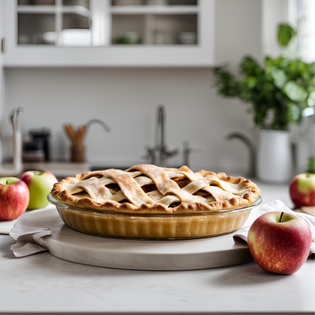 Freshly baked apple pie on kitchen counter with lattice crust surrounded by raw apples in a modern kitchen setting, perfect for fall dessert recipes.