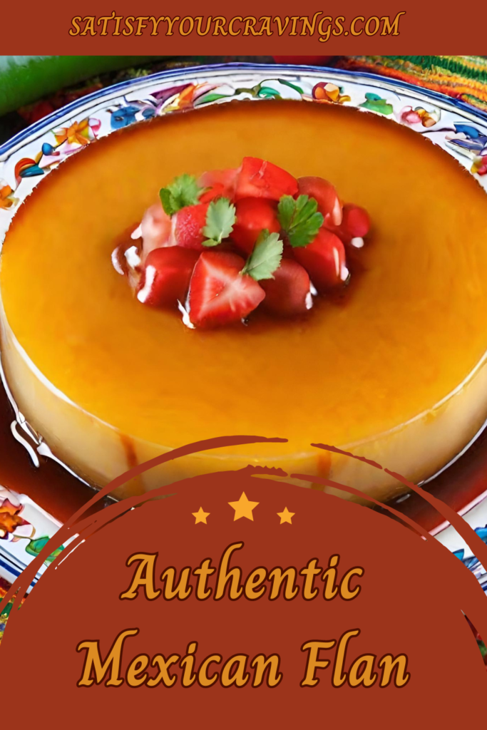 Traditional Mexican flan on a vibrant hand-painted ceramic plate, garnished with fresh strawberries and cilantro, served on a colorful woven tablecloth. The caramel sauce perfectly coats the smooth, golden custard.