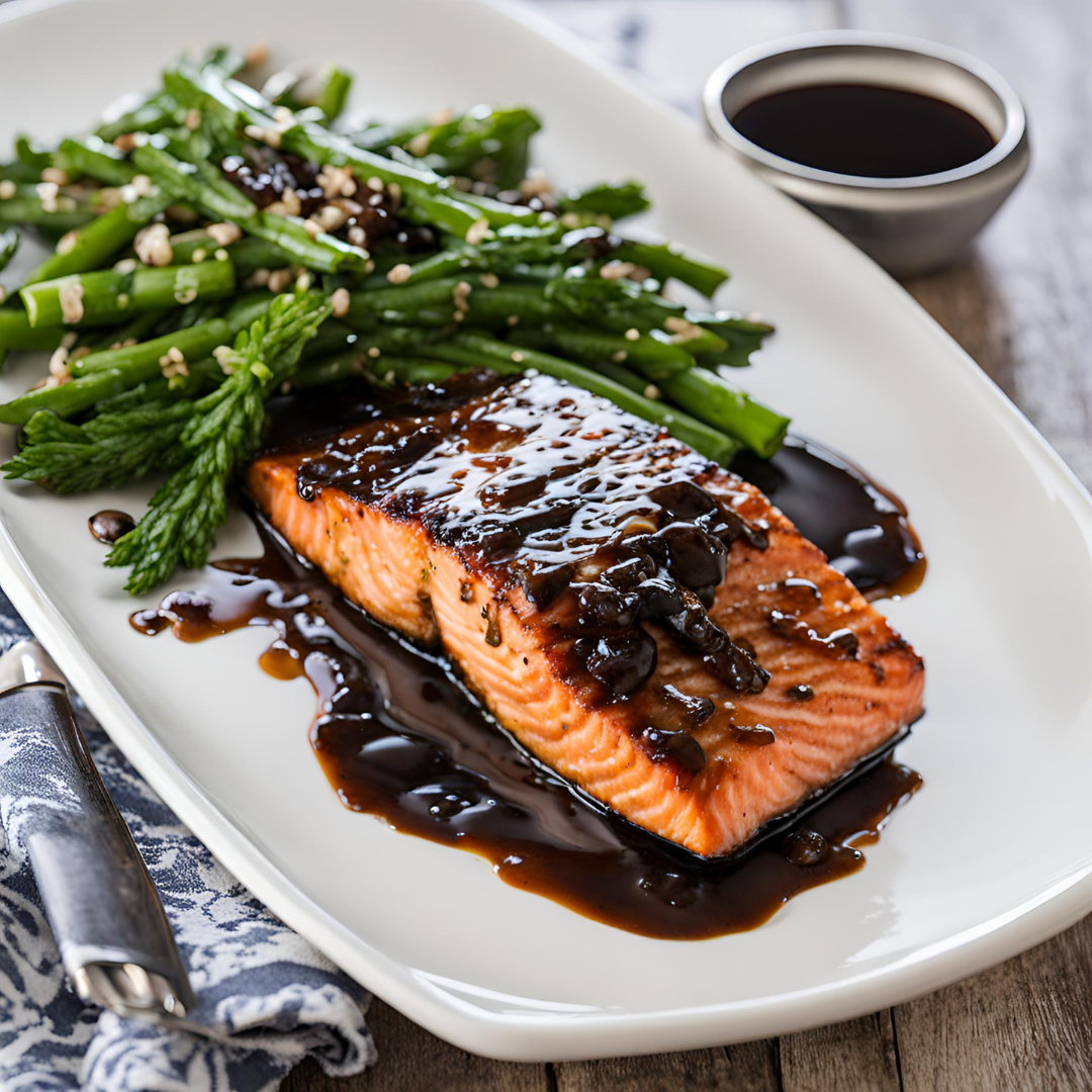 Plate of Balsamic Glazed Salmon served with fresh asparagus, featuring a rich, glossy balsamic glaze. Perfect healthy dinner idea for seafood lovers. #BalsamicGlazedSalmon #HealthyDinner