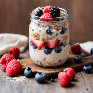 A jar of creamy Berry Overnight Oats topped with fresh blueberries, raspberries, strawberries, and granola, sitting on a wooden board. Perfect for a healthy and quick breakfast. #OvernightOats #HealthyBreakfast #BerryOvernightOats