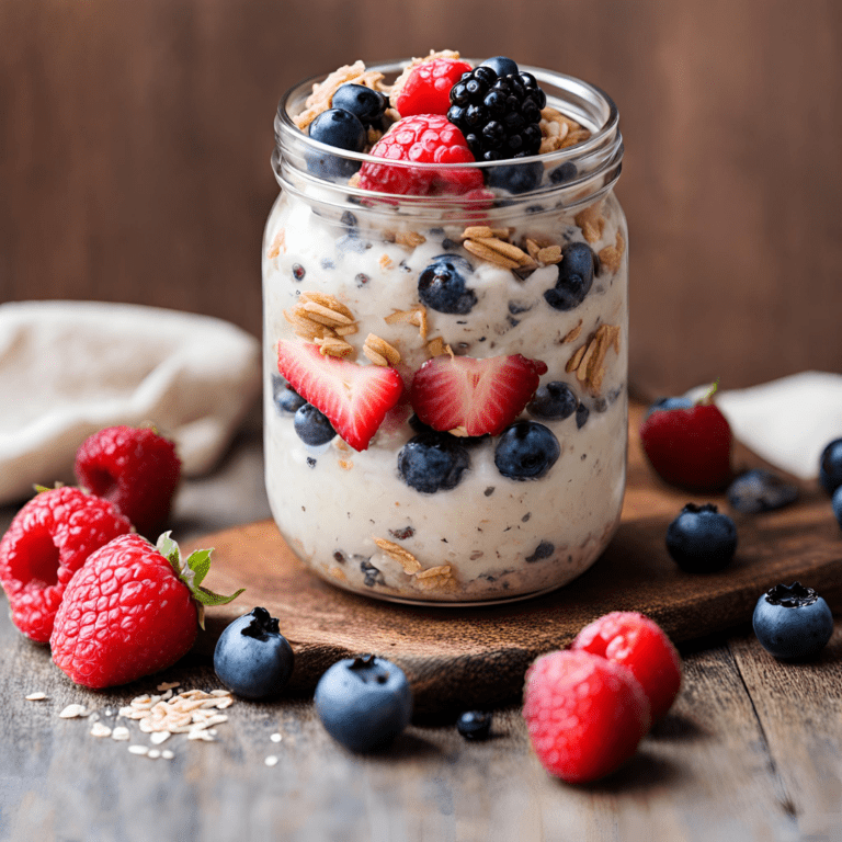 A jar of creamy Berry Overnight Oats topped with fresh blueberries, raspberries, strawberries, and granola, sitting on a wooden board. Perfect for a healthy and quick breakfast. #OvernightOats #HealthyBreakfast #BerryOvernightOats