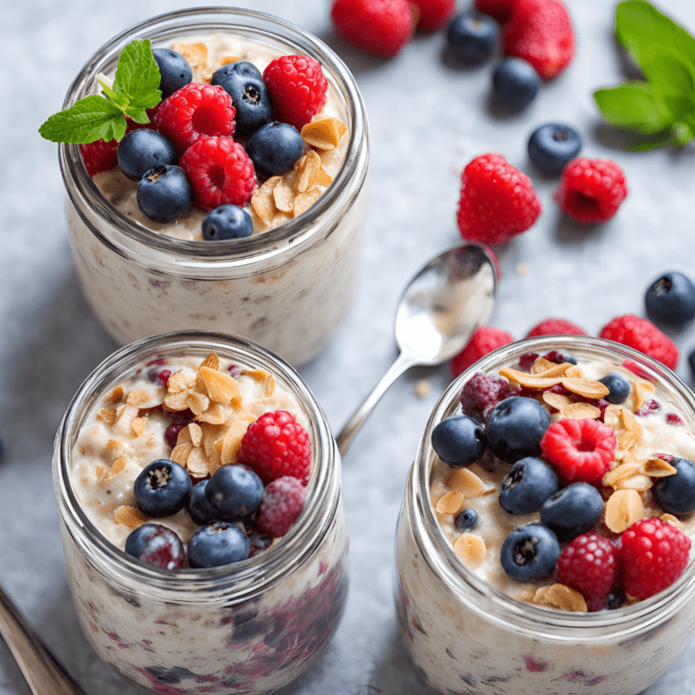 Three jars of delicious overnight oats topped with fresh blueberries, raspberries, and sliced almonds, perfect for a healthy and easy breakfast. #OvernightOats #HealthyBreakfast #BerryOvernightOats