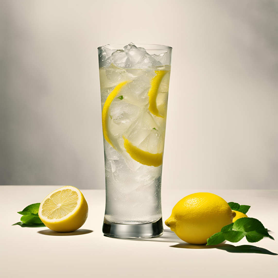 Refreshing Bitter Lemon Tonic with ice and lemon slices in a tall glass, accompanied by fresh lemons, perfect for a cool summer drink. #SummerBeverage #HealthyDrink #BitterLemonTonic