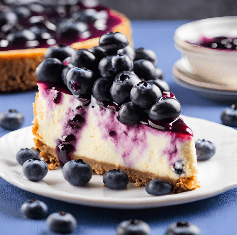 A close-up slice of blueberry cheesecake on a white plate, featuring a golden graham cracker crust, creamy filling with blueberry swirls, and topped with fresh blueberries and a glossy blueberry sauce. The whole cheesecake and additional dessert plates are visible in the background.