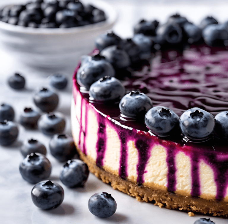 A close-up of a blueberry cheesecake with a graham cracker crust, creamy filling, and topped with a glossy blueberry sauce and fresh blueberries. Fresh blueberries are scattered around the plate, with additional bowls of blueberries in the background.