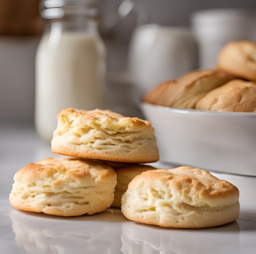 Freshly baked flaky buttermilk biscuits on a white plate, with a bowl of biscuits and milk bottles in the background, ready to be served.