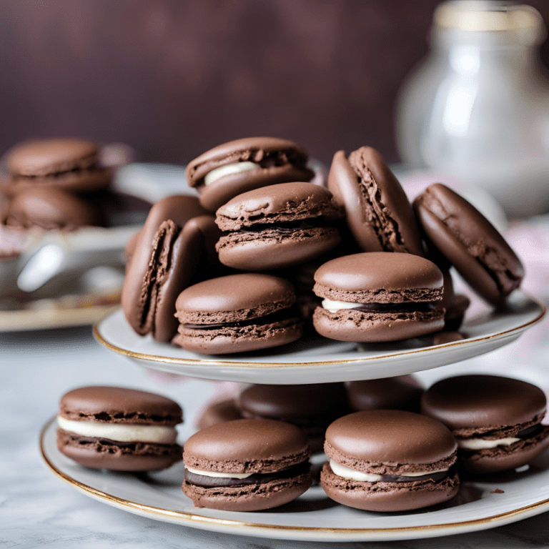 A display of perfectly crafted chocolate macarons on a tiered plate, featuring smooth, shiny surfaces and rich chocolate ganache filling. These elegant French desserts are ideal for any special occasion. #ChocolateMacarons #FrenchDesserts #HomemadeTreats #SatisfyYourCravings