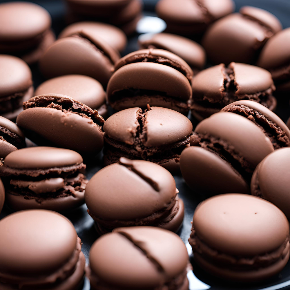 A close-up of perfectly baked chocolate macarons with a smooth, shiny surface and rich chocolate ganache filling, arranged on a dark tray. #ChocolateMacarons #FrenchDesserts #HomemadeTreats