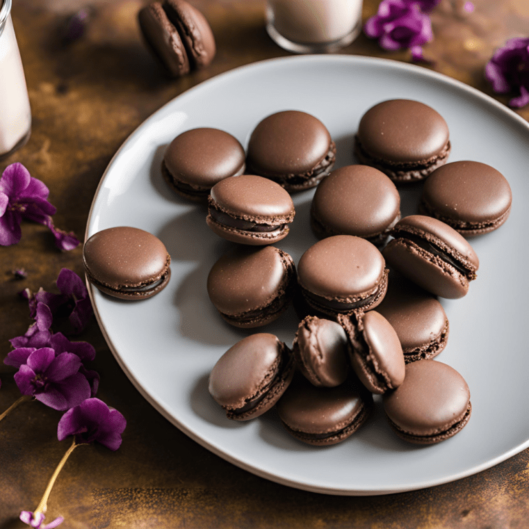 A plate of perfectly crafted chocolate macarons with smooth, shiny surfaces and rich chocolate ganache filling, surrounded by purple flowers. #ChocolateMacarons #FrenchDesserts #HomemadeTreats #SatisfyYourCravings