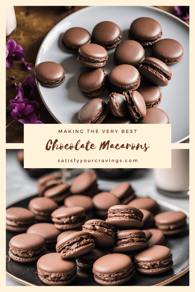 A Pinterest pin featuring beautifully crafted chocolate macarons on plates, showcasing their smooth, shiny surface and rich chocolate ganache filling. Text overlay reads "Making the Very Best Chocolate Macarons" with the blog URL satisfyourcravings.com. #ChocolateMacarons #FrenchDesserts #HomemadeTreats #SatisfyYourCravings