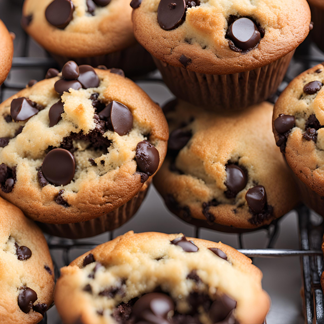 Close-up of freshly baked chocolate chip muffins, golden brown and loaded with gooey chocolate chips, cooling on a wire rack. Perfect for a delicious homemade breakfast or snack.