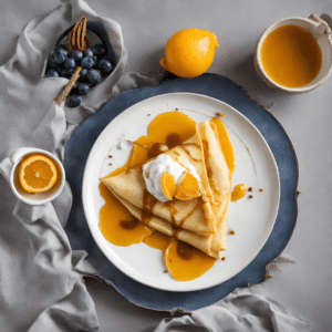 A beautifully arranged plate of crepes Suzette, garnished with whipped cream and mandarin orange segments, sits on a blue-rimmed white plate. Beside the plate, a bowl of blueberries, cinnamon sticks, and whole oranges enhance the visual appeal. A light gray cloth underlines the setup, creating a soft, elegant backdrop. This presentation is completed with a cup of orange sauce ready to pour, bringing a vibrant splash of color to the serene palette.