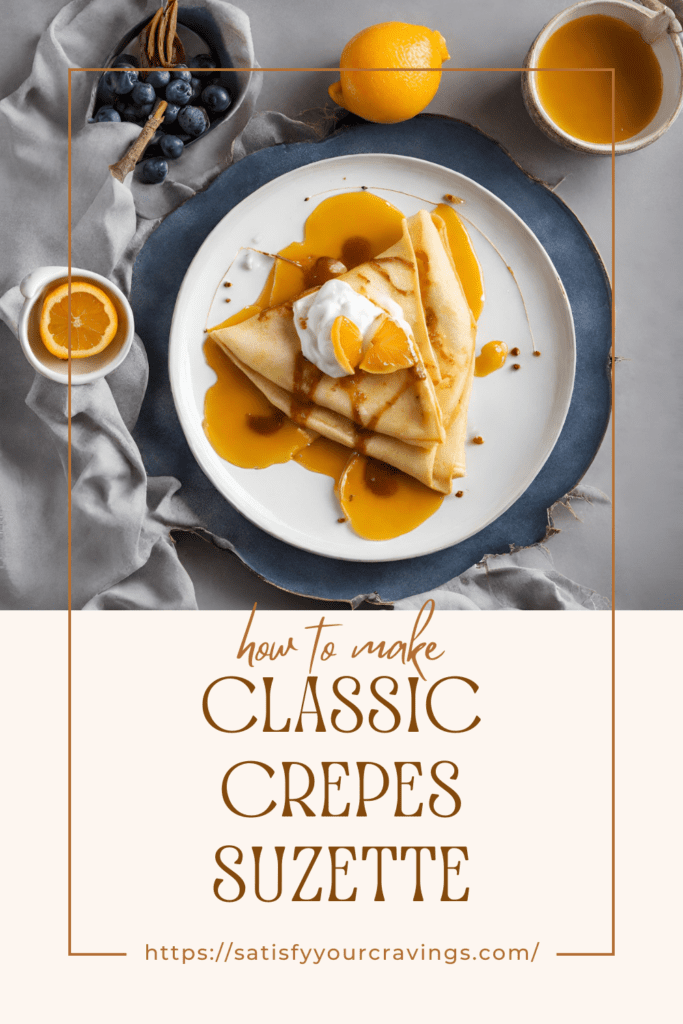 A beautifully arranged plate of crepes Suzette, garnished with whipped cream and mandarin orange segments, sits on a blue-rimmed white plate. Beside the plate, a bowl of blueberries, cinnamon sticks, and whole oranges enhance the visual appeal. A light gray cloth underlines the setup, creating a soft, elegant backdrop. This presentation is completed with a cup of orange sauce ready to pour, bringing a vibrant splash of color to the serene palette.