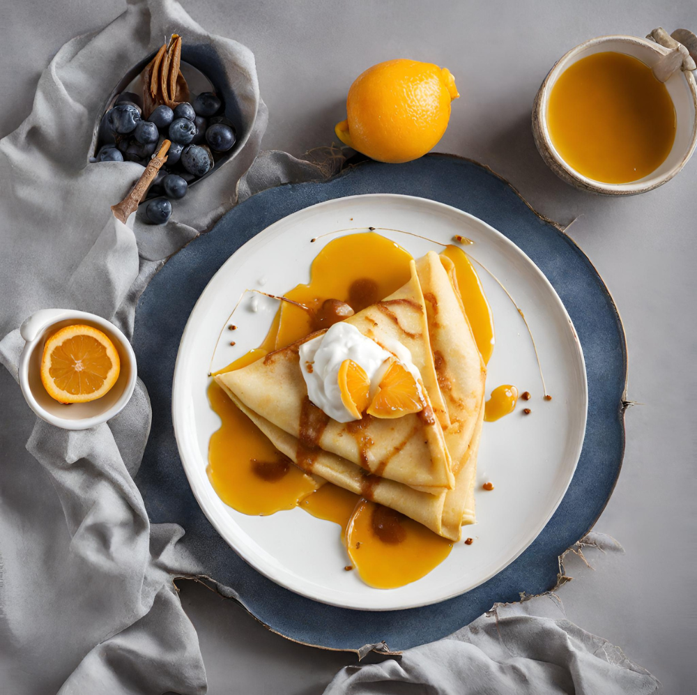 A beautifully arranged plate of crepes Suzette, garnished with whipped cream and mandarin orange segments, sits on a blue-rimmed white plate. Beside the plate, a bowl of blueberries, cinnamon sticks, and whole oranges enhance the visual appeal. A light gray cloth underlines the setup, creating a soft, elegant backdrop. This presentation is completed with a cup of orange sauce ready to pour, bringing a vibrant splash of color to the serene palette.