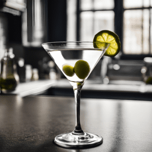 Classic Vodka Martini in a chilled glass garnished with two olives and a slice of lime, set against a stylish kitchen background. Perfect cocktail for elegant parties and sophisticated evenings. #ClassicVodkaMartini #CocktailRecipes #ElegantDrinks