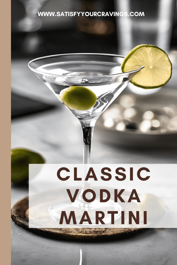 Classic Vodka Martini garnished with an olive and lime slice, presented elegantly on a stylish countertop. Visit Satisfy Your Cravings for the full recipe and discover how to craft this timeless cocktail. #ClassicVodkaMartini #CocktailRecipes #ElegantDrinks