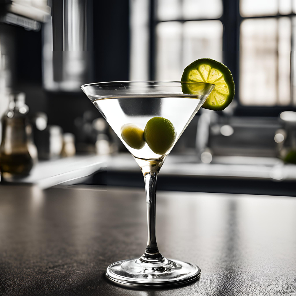 Classic Vodka Martini in a chilled glass garnished with two olives and a slice of lime, set against a stylish kitchen background. Perfect cocktail for elegant parties and sophisticated evenings. #ClassicVodkaMartini #CocktailRecipes #ElegantDrinks