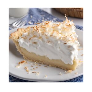 Slice of coconut cream pie topped with whipped cream and toasted coconut flakes on a white plate, accompanied by a blue napkin and silver fork, showcasing a delicious tropical dessert.