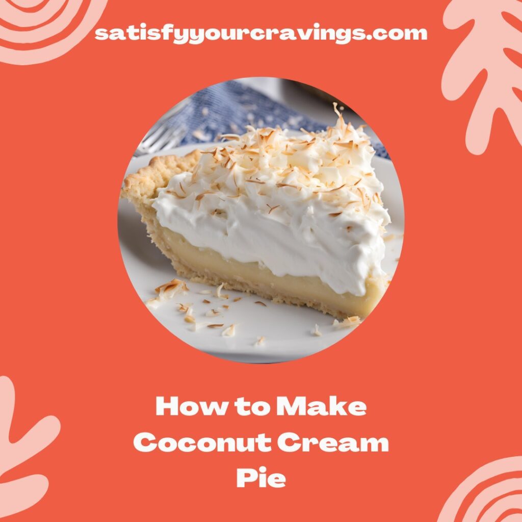 Slice of coconut cream pie topped with whipped cream and toasted coconut flakes on a white plate, accompanied by a blue napkin and silver fork, showcasing a delicious tropical dessert.