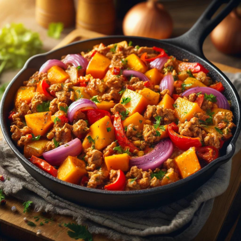 Ground Turkey and Sweet Potato Skillet with colorful bell peppers and red onions, garnished with fresh parsley, served in a cast-iron skillet.