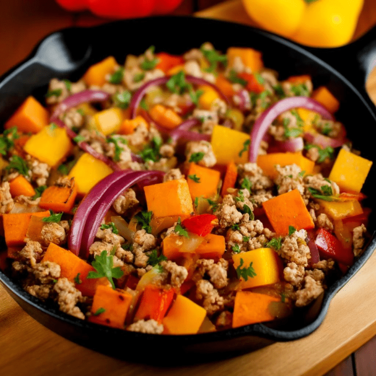 Ground Turkey and Sweet Potato Skillet with colorful bell peppers and red onions, garnished with fresh parsley, served in a cast-iron skillet.