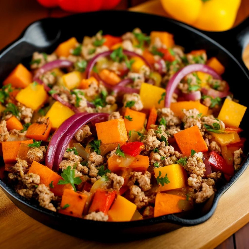 Ground Turkey and Sweet Potato Skillet with colorful bell peppers and red onions, garnished with fresh parsley, served in a cast-iron skillet.