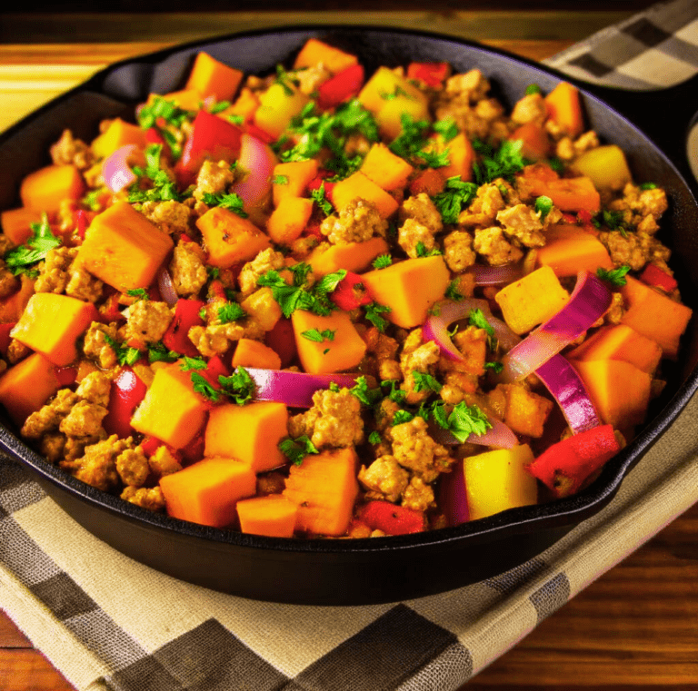 A hearty Ground Turkey and Sweet Potato Skillet garnished with fresh parsley, served in a cast-iron skillet on a checkered cloth.