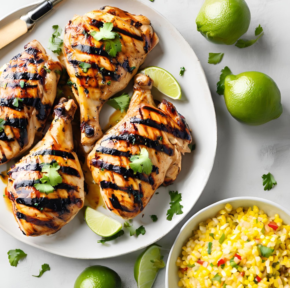 Grilled Margarita Chicken garnished with fresh cilantro and lime slices on a white plate, accompanied by a side of colorful cilantro-lime corn salad, emphasizing a vibrant and healthy dinner option.