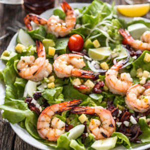 A vibrant and appetizing Grilled Shrimp Salad featuring succulent grilled shrimp arranged atop a bed of fresh greens including lettuce and spinach. The salad is garnished with slices of avocado, cherry tomatoes, cucumber, and a sprinkling of dried cranberries, all beautifully presented on a white plate with lime wedges on the side, ready to be squeezed for added zest.