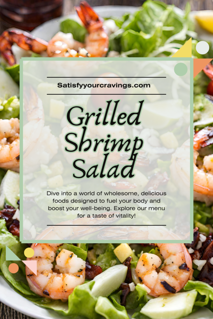 A vibrant and appetizing Grilled Shrimp Salad featuring succulent grilled shrimp arranged atop a bed of fresh greens including lettuce and spinach. The salad is garnished with slices of avocado, cherry tomatoes, cucumber, and a sprinkling of dried cranberries, all beautifully presented on a white plate with lime wedges on the side, ready to be squeezed for added zest.