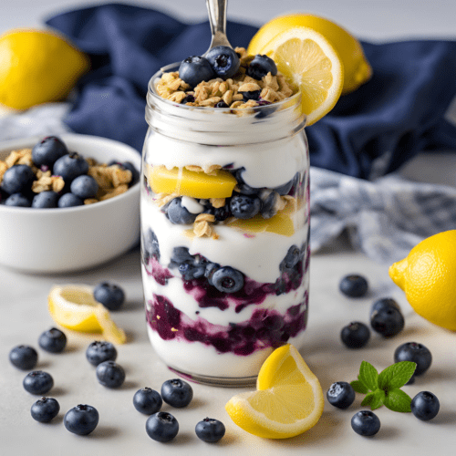 A layered Lemon Blueberry Yogurt Parfait in a mason jar with fresh blueberries, granola, and lemon slices, garnished with a lemon wedge and mint leaves.