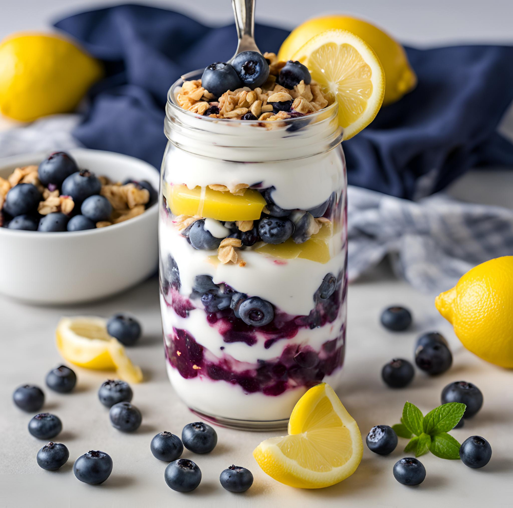 A layered Lemon Blueberry Yogurt Parfait in a mason jar with fresh blueberries, granola, and lemon slices, garnished with a lemon wedge and mint leaves.