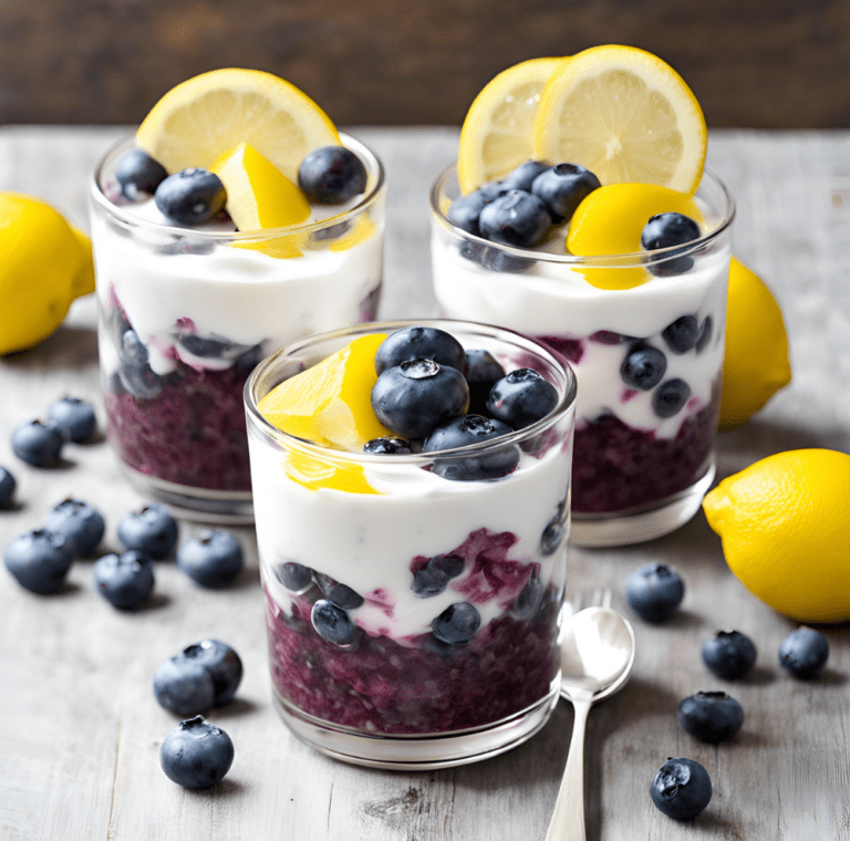 Three glass cups of Lemon Blueberry Yogurt Parfait with fresh blueberries, lemon slices, and creamy yogurt layers, set on a rustic wooden table.