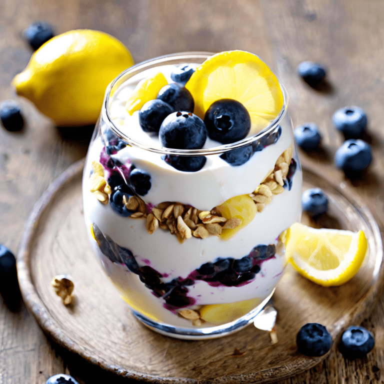 A glass of Lemon Blueberry Yogurt Parfait with layers of creamy yogurt, fresh blueberries, lemon slices, and granola, garnished with a lemon slice on top.