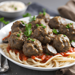 Delicious homemade mushroom meatballs served over spaghetti with tomato sauce garnished with fresh parsley, perfect for vegetarian dinner ideas.