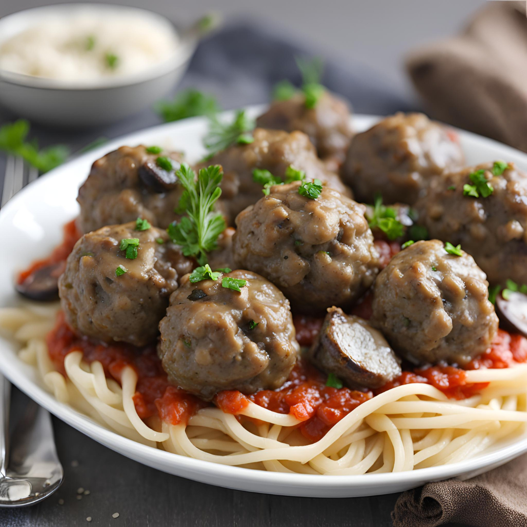 Delicious homemade mushroom meatballs served over spaghetti with tomato sauce garnished with fresh parsley, perfect for vegetarian dinner ideas.