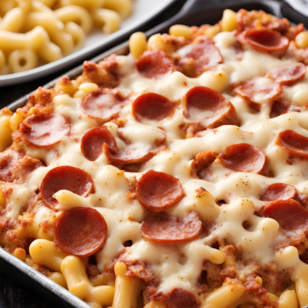 Delicious homemade Pizza Mac and Cheese topped with pepperoni and melted mozzarella, baked to golden perfection. Comfort food fusion combining cheesy macaroni and savory pizza flavors.