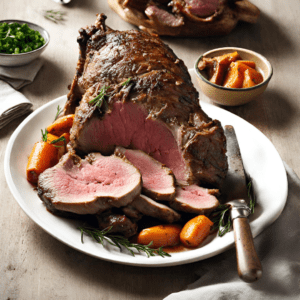 Roast leg of lamb served on a white plate, garnished with rosemary and surrounded by roasted carrots. The lamb is cooked to a perfect medium-rare, showcasing a pink center. Ideal for family dinners or festive occasions, highlighting the succulence and rich flavor of the dish.