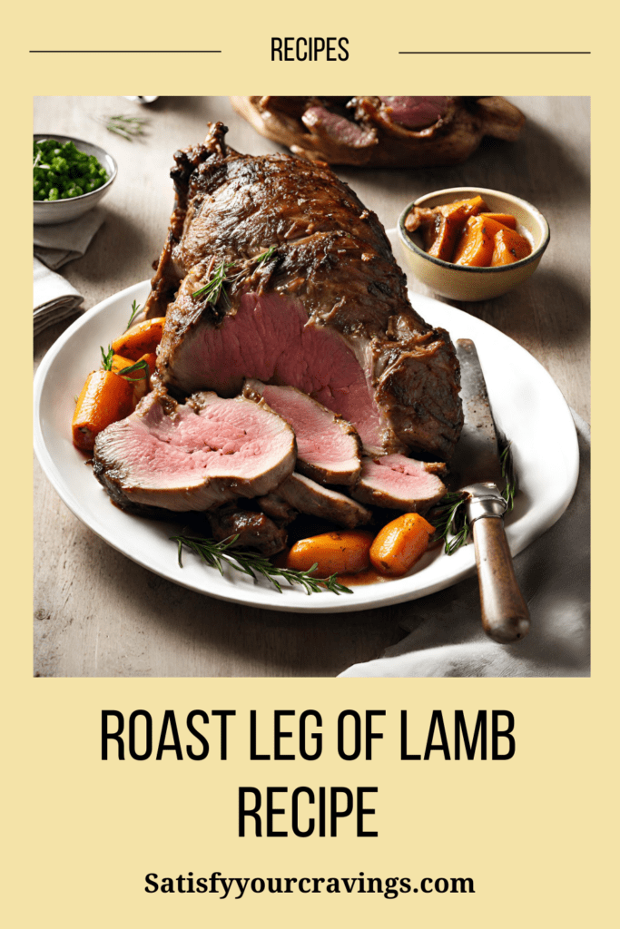 Roast leg of lamb served on a white plate, garnished with rosemary and surrounded by roasted carrots. The lamb is cooked to a perfect medium-rare, showcasing a pink center. Ideal for family dinners or festive occasions, highlighting the succulence and rich flavor of the dish.