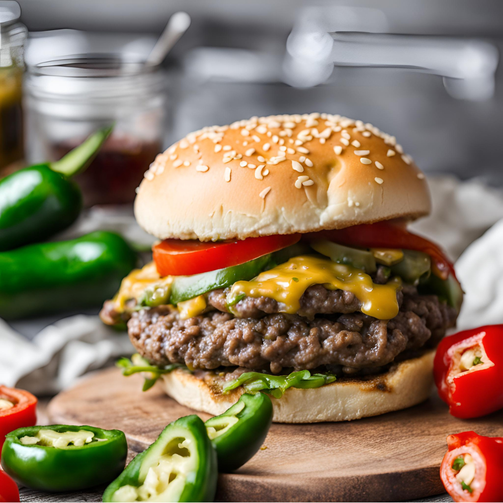 Delicious Spicy Jalapeño Cheeseburger with melted pepper jack cheese, fresh tomato slices, and crisp lettuce, served on a sesame seed bun with sliced jalapeños on the side. Perfect for summer BBQs and casual dinners. Satisfy your cravings with this mouthwatering burger recipe.