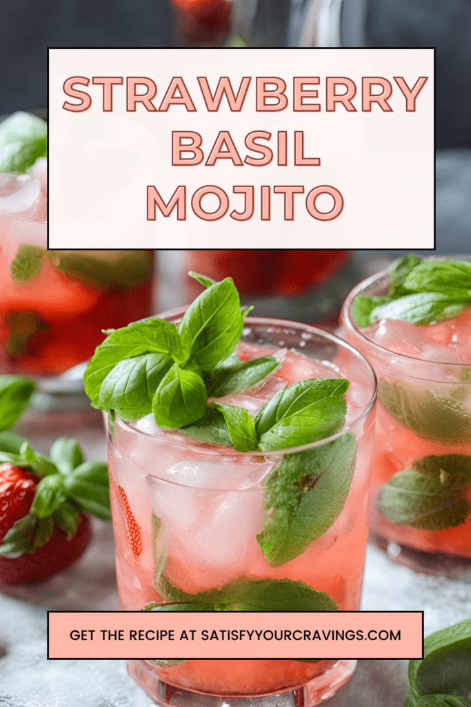 A refreshing glass of Strawberry Basil Mojito garnished with fresh basil leaves and sliced strawberries, served over ice.