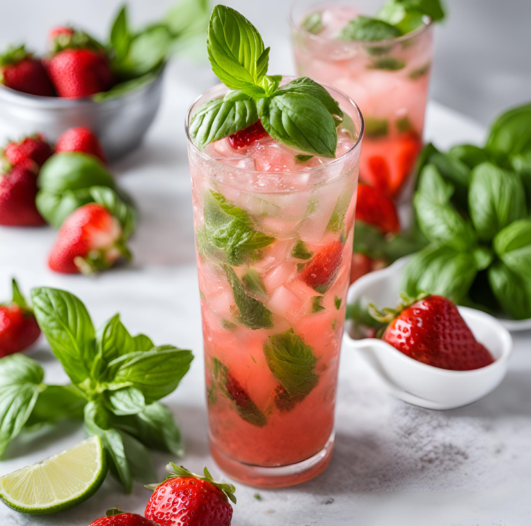 Two tall glasses of Strawberry Basil Mojito garnished with fresh basil leaves and sliced strawberries, surrounded by fresh strawberries, basil, and lime wedges on a light surface.