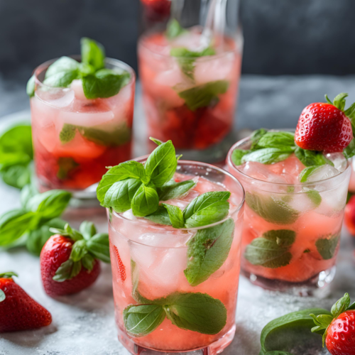 Two glasses of Strawberry Basil Mojito garnished with fresh basil leaves and sliced strawberries, surrounded by whole strawberries and basil leaves on a dark surface.