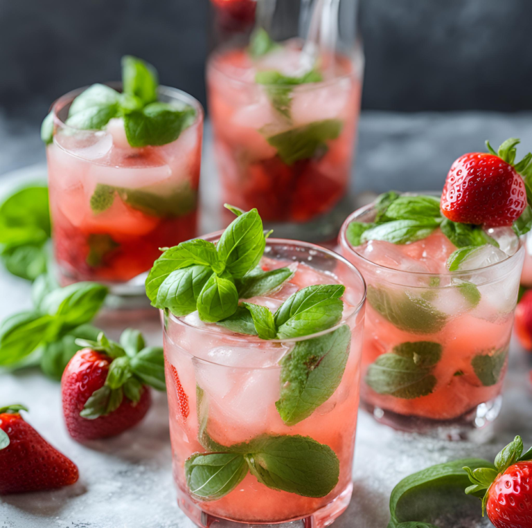 Two glasses of Strawberry Basil Mojito garnished with fresh basil leaves and sliced strawberries, surrounded by whole strawberries and basil leaves on a dark surface.