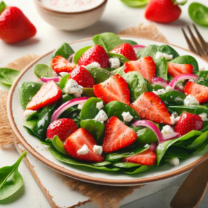 Fresh and vibrant Strawberry Spinach Salad with Poppy Seed Dressing featuring sliced strawberries, baby spinach, crumbled feta, red onion, and a sprinkle of poppy seeds on a white plate. Perfect for a healthy spring or summer meal.